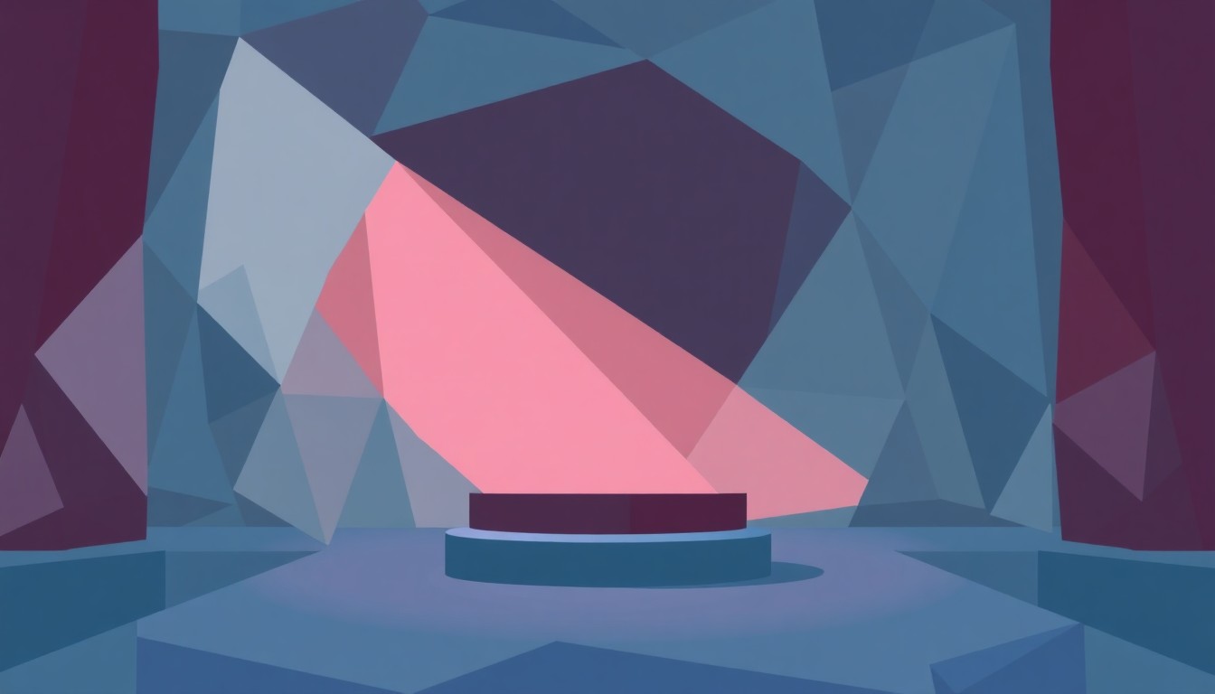 A fragmented, abstract painting depicting an empty podium on a stage, with the podium fading in and out of view in overlapping geometric shapes in muted blue, grey, and red tones, conceptually representing the lack of enthusiasm and attention surrounding JD Vance's political events.