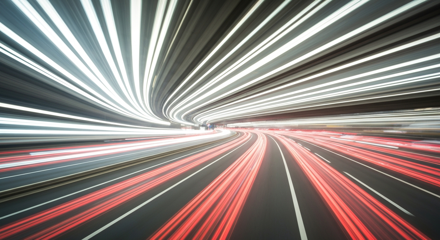 An abstract scene of sweeping, blurred color streaks representing the dynamic motion and engineering of a major highway infrastructure project.