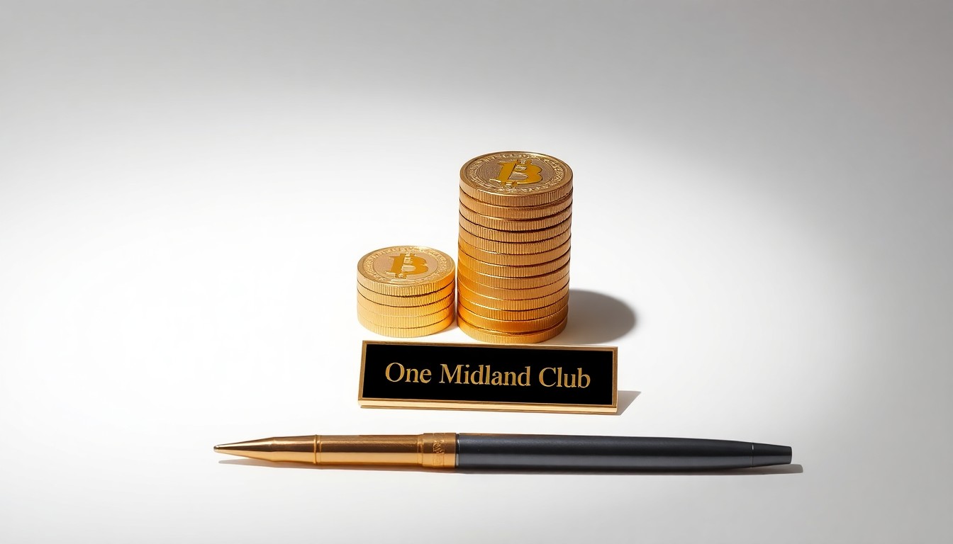 A high-end, photorealistic studio still-life photograph featuring a stack of gold coins, a pen, and a nameplate with the text 