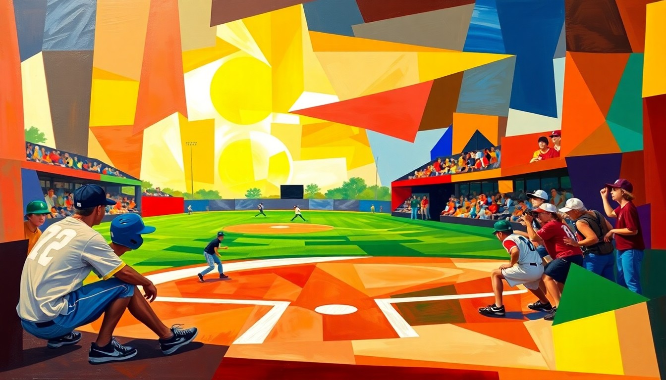 A cubist, geometric painting depicting a high school softball game broken down into overlapping planes of bright colors, capturing the raw energy and motion of the sport.