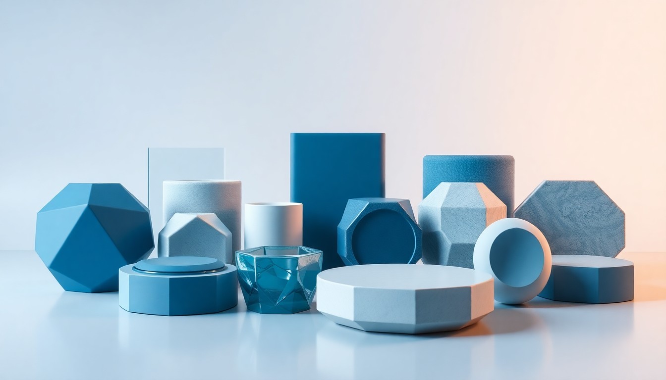 A high-end, photorealistic studio still-life photograph featuring a collection of premium, polished geometric objects in shades of blue, grey, and white, conceptually representing the integrated commercial services and data-driven insights that Acumetis provides to the life sciences industry.