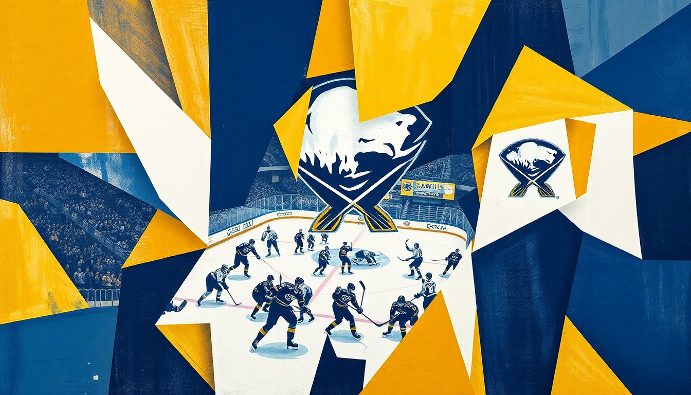 A fractured, geometric painting in navy blue, gold, and white, representing the excitement and community spirit around the Buffalo Sabres' first playoff appearance in 15 years.