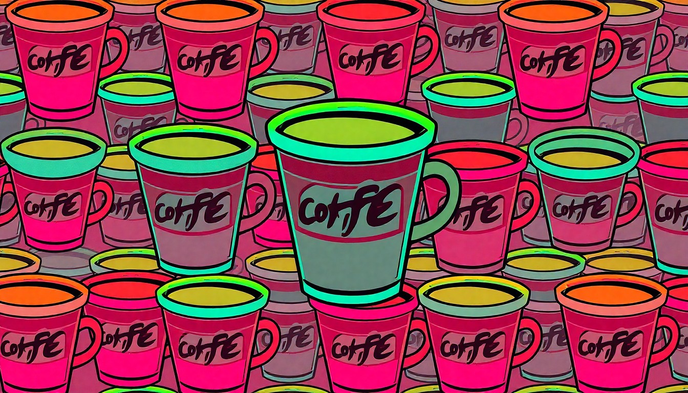 A bold, colorful silkscreen-style illustration featuring a repeated pattern of a classic diner coffee cup in vibrant neon hues, conceptually representing the welcoming atmosphere and iconic imagery of a beloved local eatery.