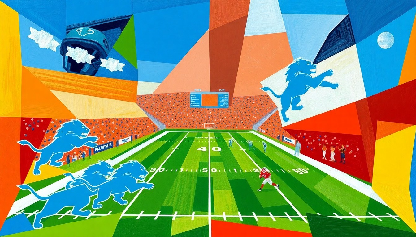 A fragmented, geometric painting depicting a Detroit Lions football game, with sharp, overlapping planes of color and form representing the high stakes facing the team's quarterback.