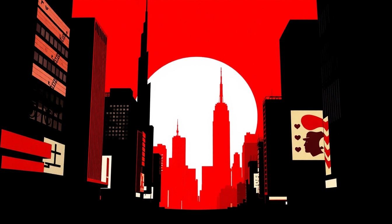 A striking abstract composition of jagged geometric shapes and bold silhouettes in high-contrast red and white, conceptually representing the dystopian, futuristic world of the film Blade Runner.