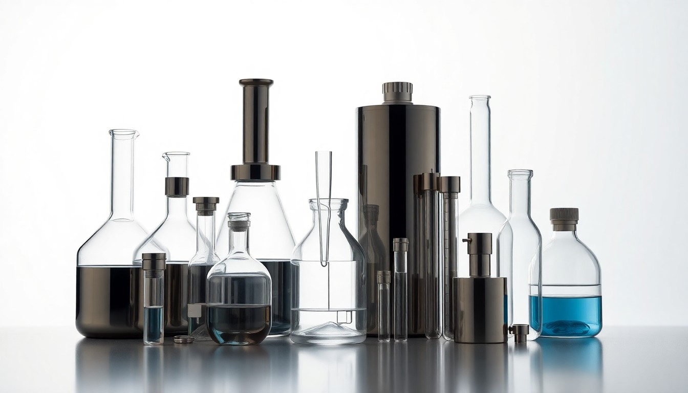 A high-end, photorealistic studio still-life photograph featuring a group of polished metal and glass laboratory equipment, including beakers, pipettes, and test tubes, arranged elegantly on a clean, white seamless background. The objects are lit with dramatic studio lighting, creating deep shadows and highlighting the premium materials.
