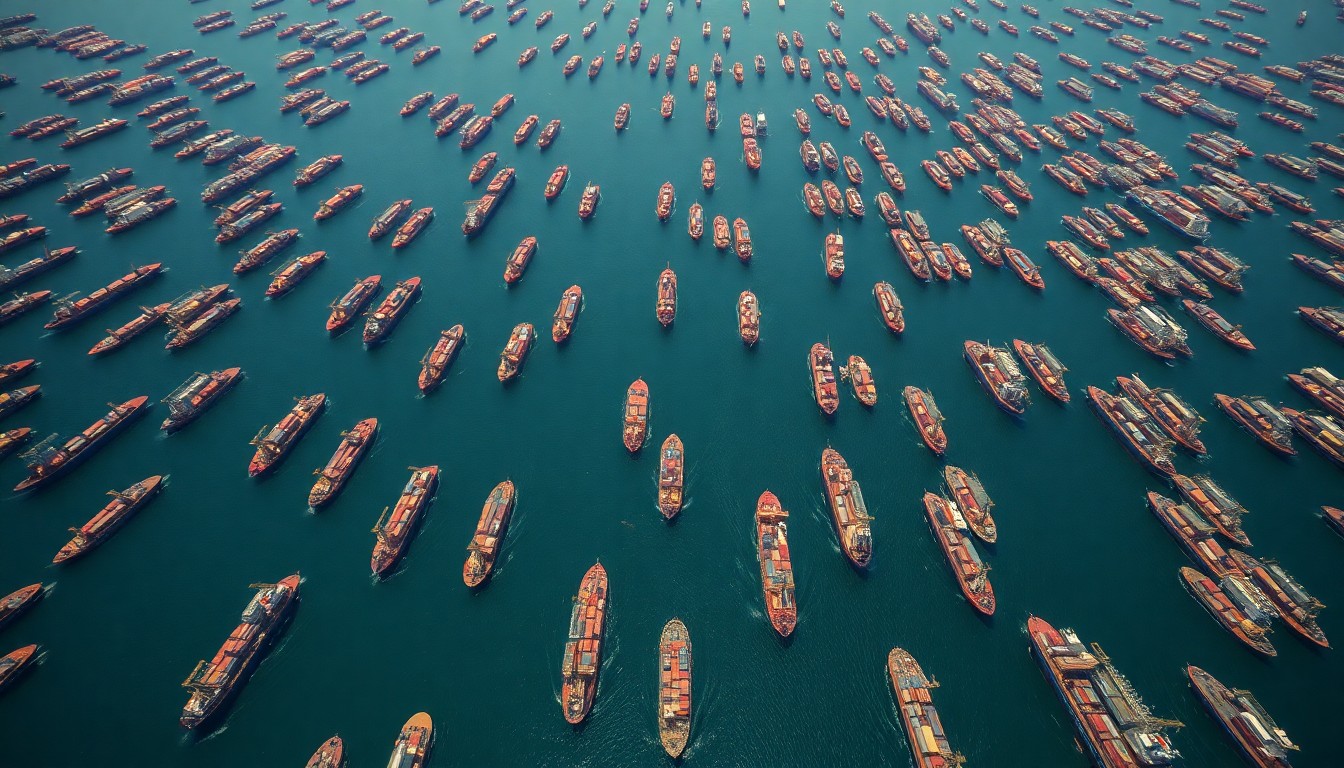 An extreme aerial close-up of a dense, repeating pattern of cargo ships and oil tankers in the Strait of Hormuz, rendered in razor-sharp detail to illustrate the scale and complexity of the global trade and energy infrastructure disrupted by the recent geopolitical conflict.