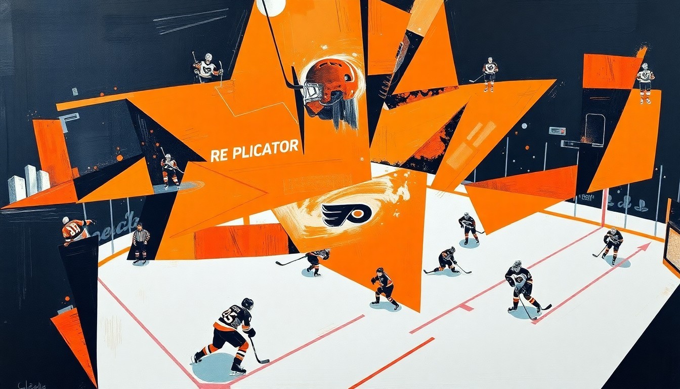 A fragmented, abstract painting depicting a Flyers hockey game, with sharp geometric shapes and planes of orange, black, and white, capturing the dynamic energy and excitement of the team's return to the playoffs.