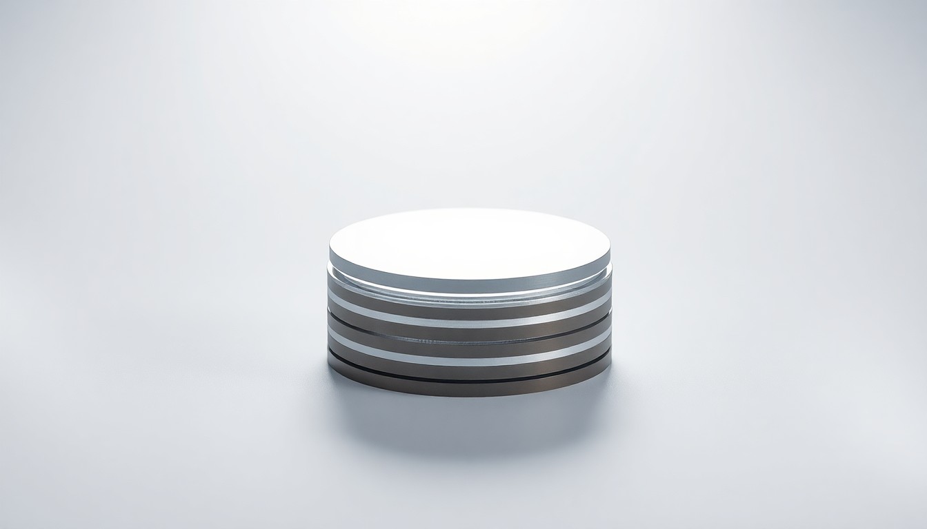 A high-end, photorealistic studio still-life photograph featuring a stack of polished silicon wafers on a clean white background, representing the raw materials for solar cell production.