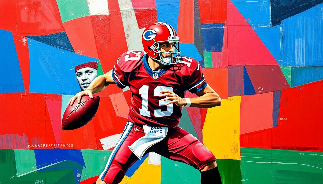 A fragmented, geometric painting depicting a football quarterback in motion, with sharp, overlapping planes of color representing the dynamic energy and intensity of the sport.