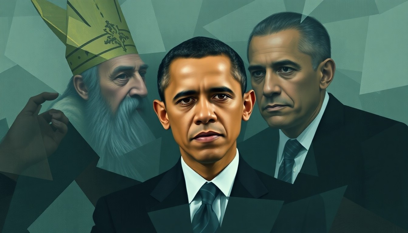 A highly stylized, fragmented painting in muted blue, green, and gray tones depicting three figures - the Pope, Barack Obama, and David Axelrod - in an overlapping, geometric composition, conveying a sense of political tension and intrigue.