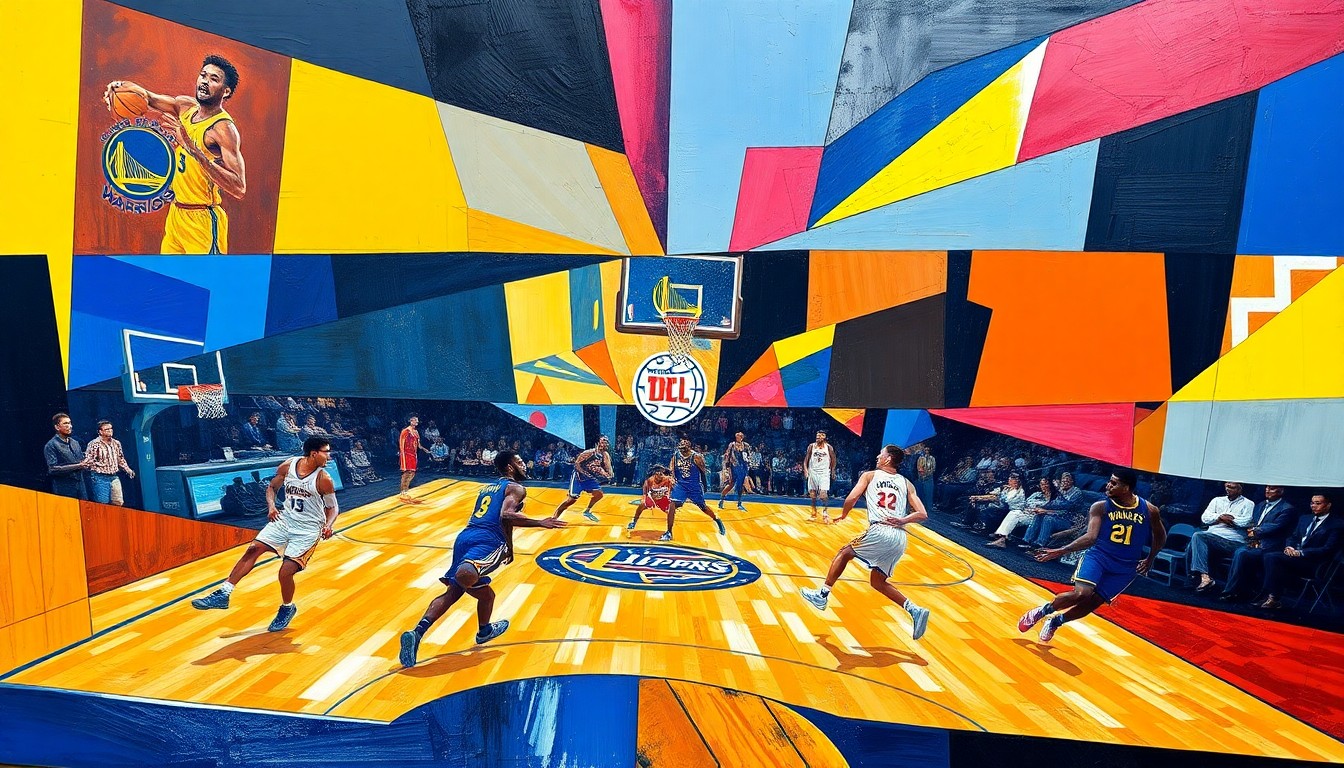 A fragmented, geometric painting depicting the dynamic action of a basketball game between two teams, with the players and court rendered in an abstract, cubist style.