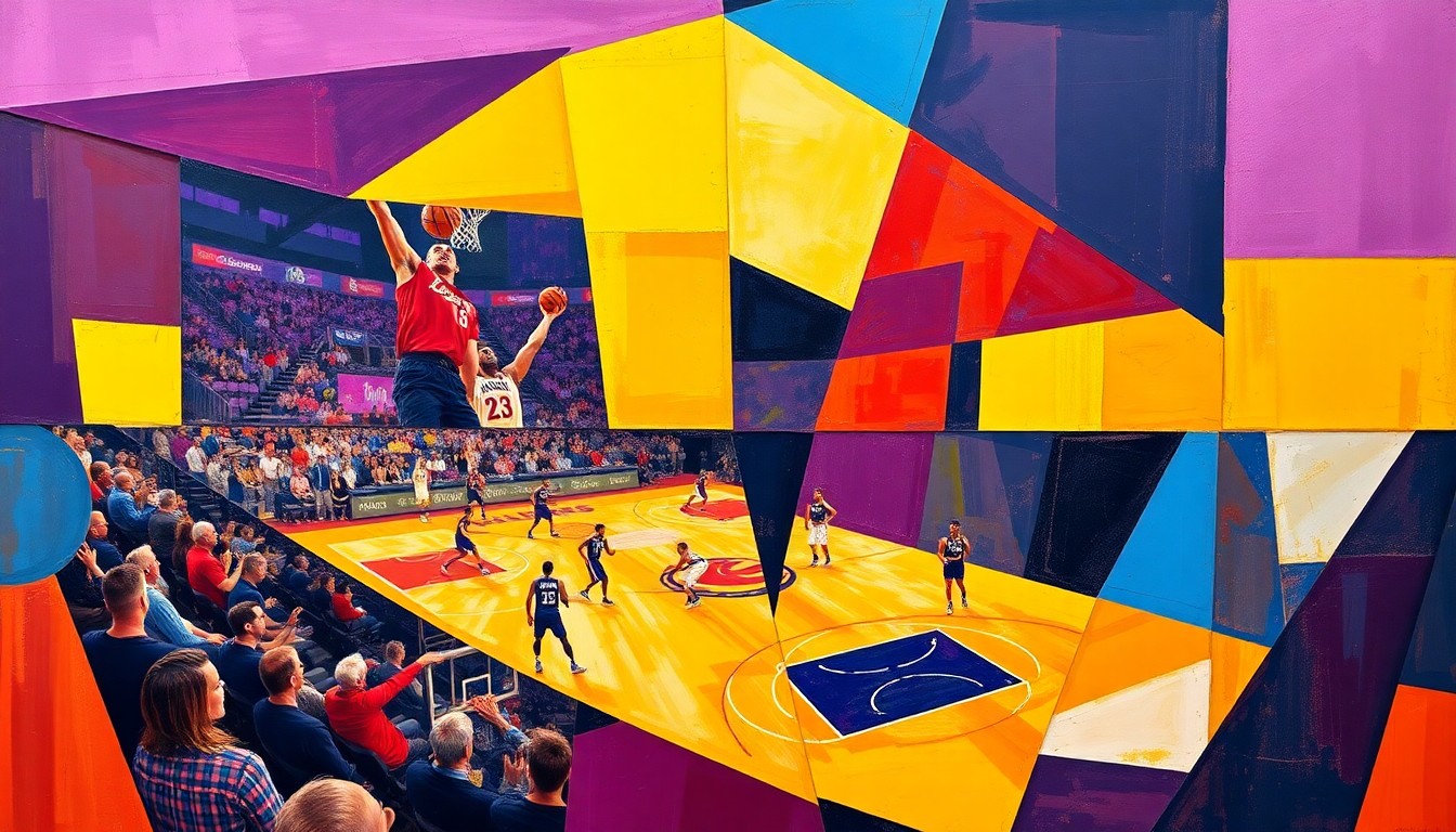 A fractured, cubist-style painting depicting a basketball game between the Lakers and Rockets, with the players and court broken down into sharp, overlapping geometric shapes and planes of vibrant purple, gold, red, and blue colors.