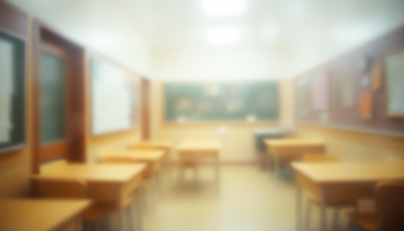 An abstract, impressionistic photograph of a blurred school hallway or classroom scene, with muted colors and soft, diffused lighting, conveying a sense of warmth and community.