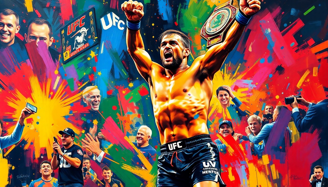 An abstract expressionist painting in vibrant neon colors, with rapid brushstrokes conveying the frenetic energy of a UFC fighter celebrating their championship win.
