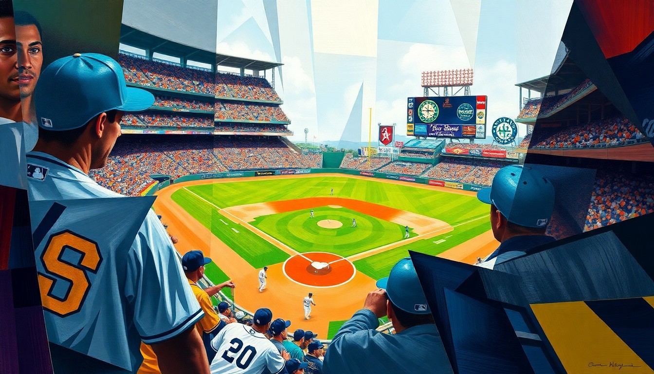 A fractured, geometric painting depicting a baseball game between the San Diego Padres and Seattle Mariners, with sharp, overlapping planes of color representing the players and action on the field.