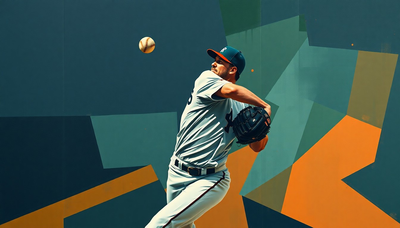 A fragmented, geometric painting depicting a baseball pitcher's delivery, with sharp, overlapping planes in muted tones of navy, green, and orange, conveying the dynamic motion and tension of a high-pressure save situation.