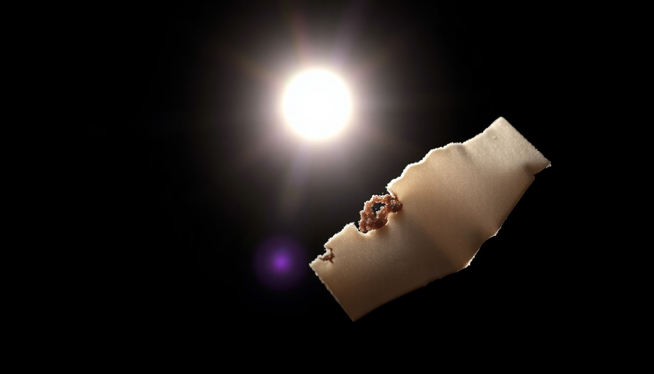 An extreme close-up photograph of a broken piece of jewelry or torn fabric swatch, dramatically lit by a harsh flash against a dark background, conceptually representing the forensic evidence in the cruise ship murder case.