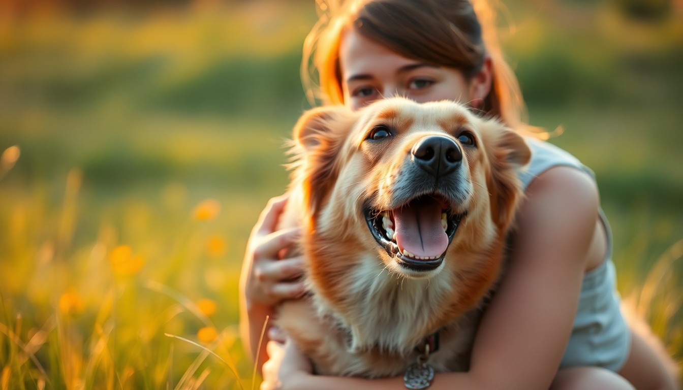 An extremely abstracted, out-of-focus photograph of a person's hand gently petting the head of a happy dog in a grassy outdoor setting, with soft pools of warm, colorful light in the background, conveying the emotional connection between a person and their new pet.