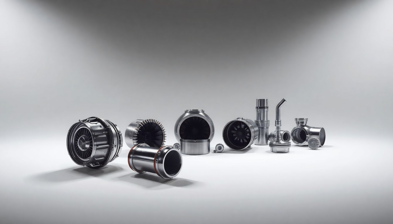 A high-end, photorealistic studio still-life photograph featuring a collection of polished metal and composite aerospace components arranged elegantly on a clean, monochromatic background, conceptually representing the advanced technology and engineering behind GE Aerospace's innovations.