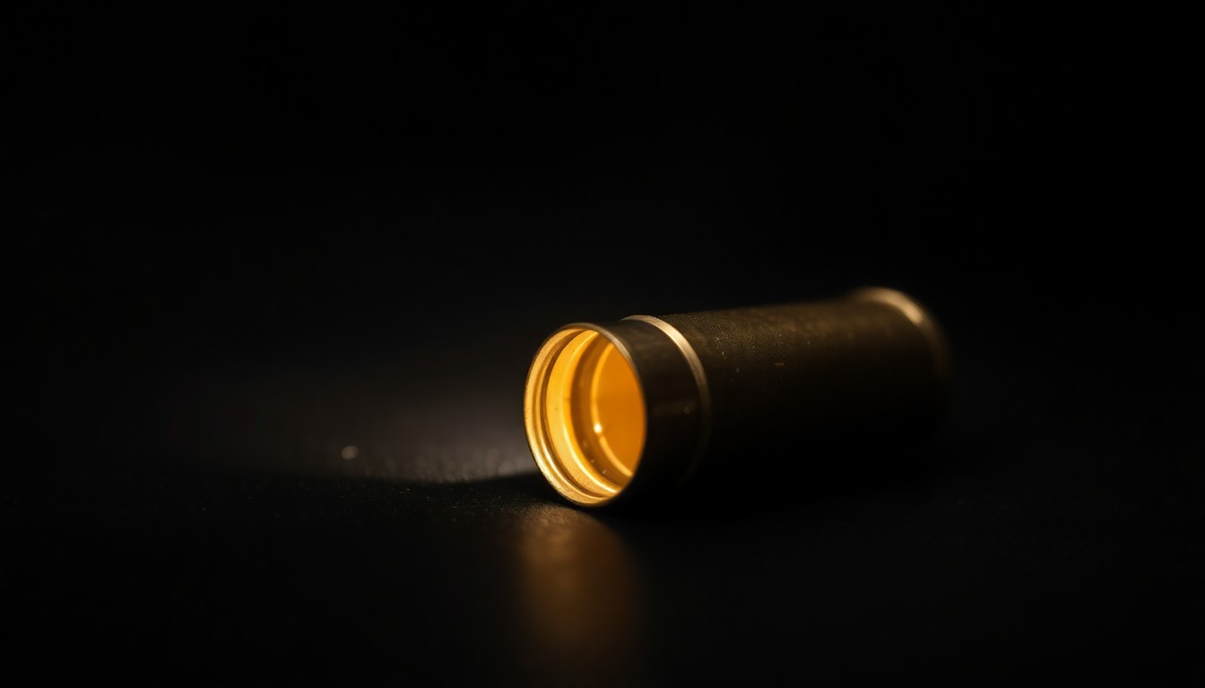 An extreme close-up of a single spent shell casing on a dark surface, lit by a harsh, direct camera flash, conceptually illustrating the evidence in a violent crime investigation.