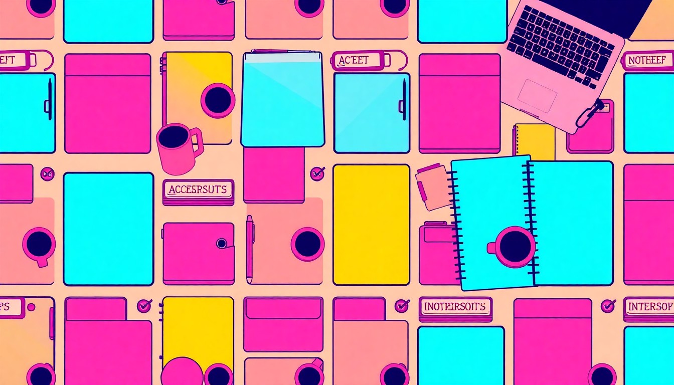 A brightly colored, high-contrast silkscreen print of a laptop, coffee mug, and notebook repeated in a tight grid pattern, representing the various tools and settings of a modern internship.