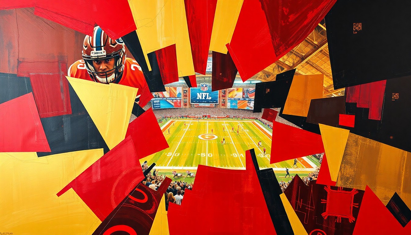 A cubist, geometric painting in shades of red, gold, and black, depicting fragmented and overlapping shapes that suggest the action and energy of an NFL football game or draft event.