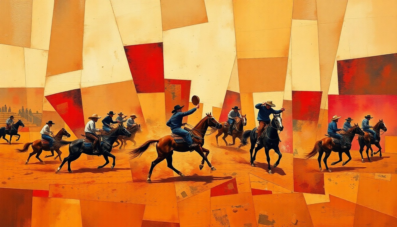 A cubist, geometric painting depicting a rodeo competition, with sharp, overlapping planes of warm earth tones and dusty reds representing the dynamic movements and energy of the sport.