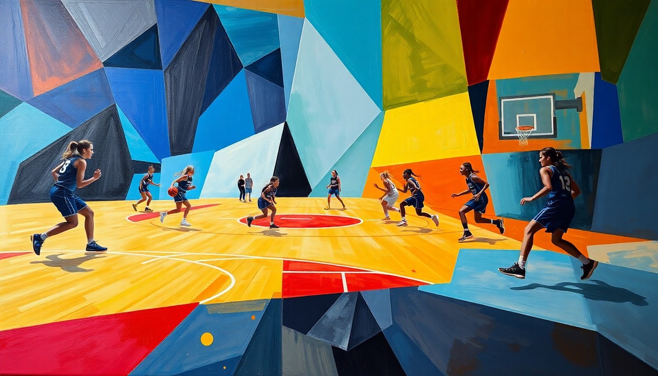 A cubist, geometric painting depicting the dynamic movements and energy of a girls basketball game, with the players and court rendered in a fragmented, abstract style.