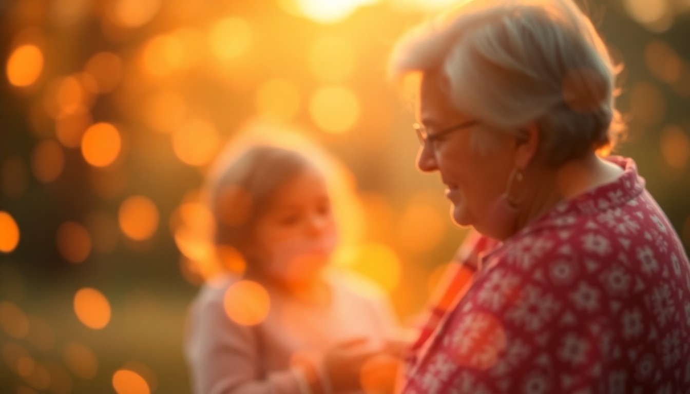 An abstract, out-of-focus photograph in warm, golden tones, capturing the hazy, nostalgic feeling of childhood memories with grandparents.
