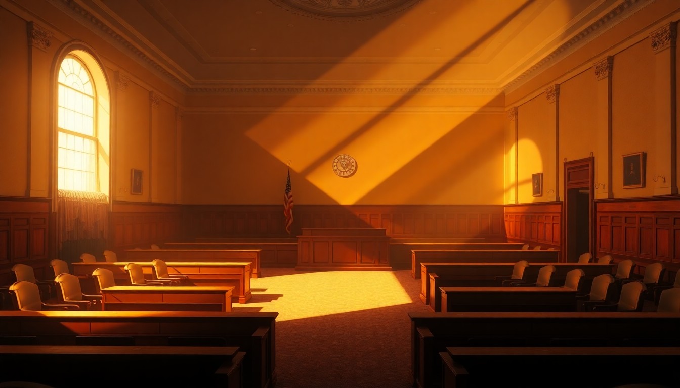 A dimly lit, empty government office or legislative chamber with warm, diagonal sunlight streaming through the windows, creating a sense of tension and unease through the use of dramatic lighting and shadows.