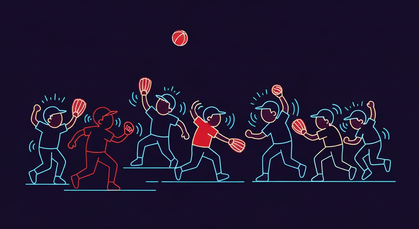 A minimalist illustration in the style of Keith Haring, depicting a group of children playing baseball with vibrant, glowing neon outlines against a dark background, capturing the energy and community spirit of the health and wellness festival.