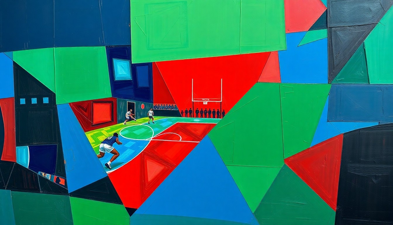 A cubist, geometric painting depicting a high school sports event or competition, with overlapping planes of navy, green, and red colors representing the dynamic action and multiple perspectives of the scene.