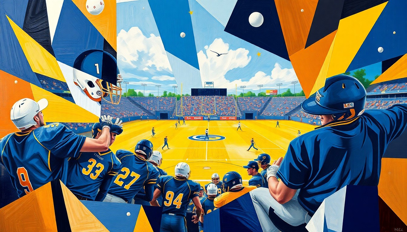 A cubist, geometric painting featuring fragmented, overlapping shapes and planes in navy blue, gold, and white, conceptually representing the diverse athletic competitions and achievements of Indianola's spring sports programs.