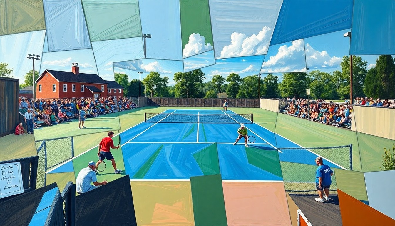 A cubist, geometric painting depicting a high school tennis match, with overlapping planes of color and shape representing the players, court, and action of the game.