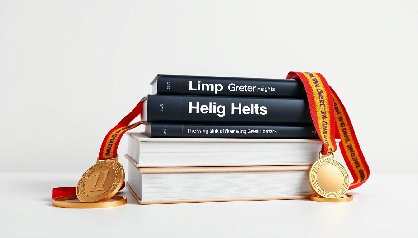 A minimalist, photorealistic studio still life featuring a stack of hardcover books titled 'Climb Greater Heights' alongside a gold medal, conveying the prestigious award recognition for this business leadership title.