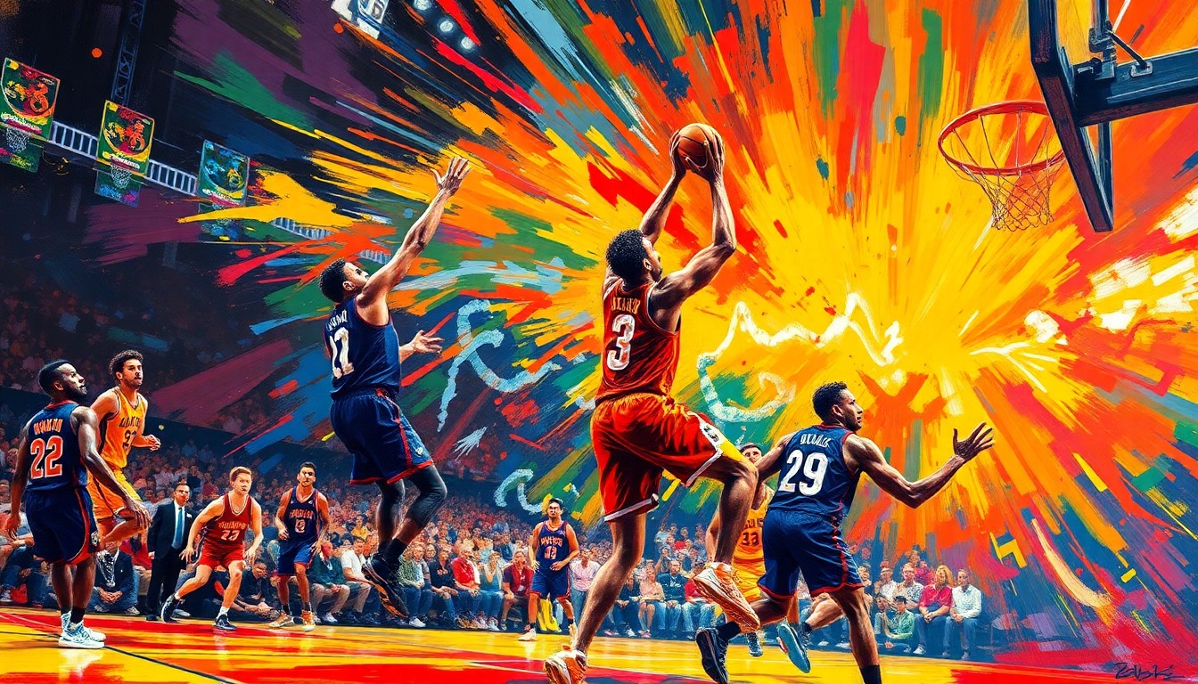A dynamic, abstract painting in neon colors and energetic brushstrokes, capturing the intensity and excitement of a basketball game, without any identifiable players or teams.
