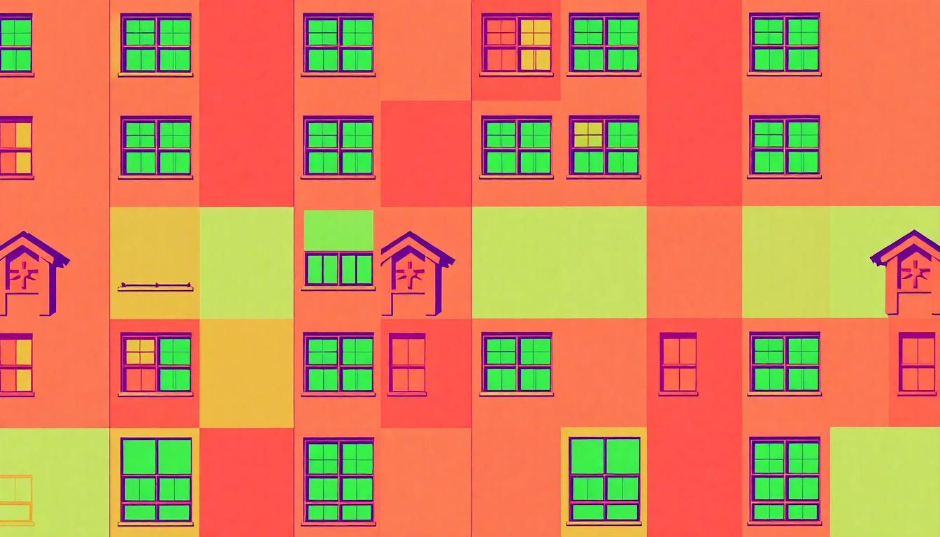A high-contrast, silkscreen-style illustration featuring a repeating pattern of a stylized campus building element, such as a rooftop or window, in a bold, neon color palette, capturing the energy and architectural details of the renovated FSU Student Union.