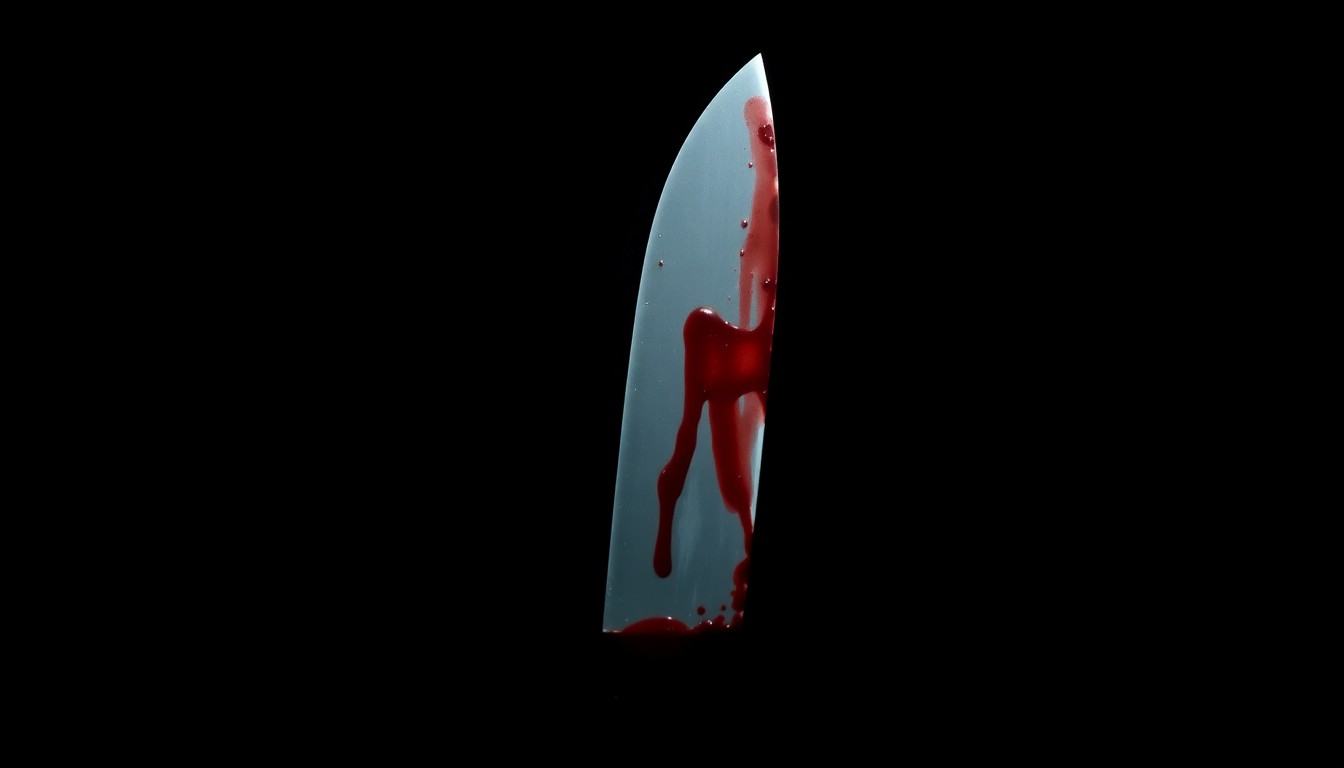 An extreme close-up of a bloody knife against a pitch-black background, lit by a harsh, direct camera flash, creating a stark, gritty, investigative aesthetic.