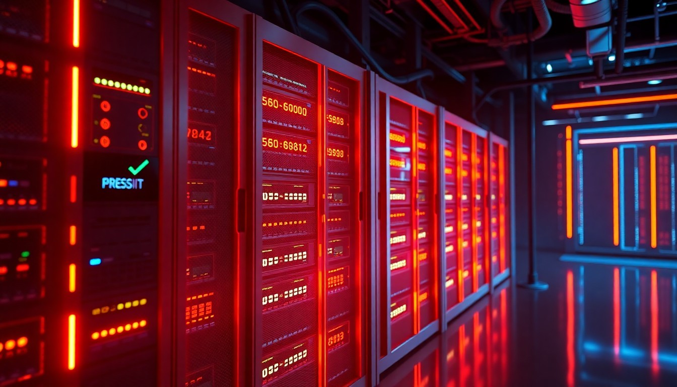 A highly detailed, glowing 3D illustration of a futuristic media server rack with pulsing neon lights, conceptually representing the powerful AI-driven infrastructure that powers Presidio's Resonate platform for the media industry.