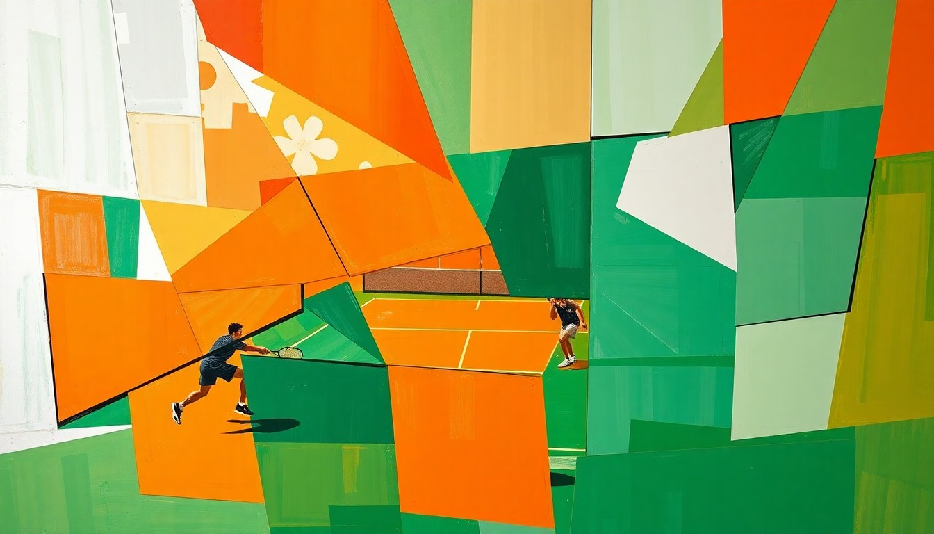 A fragmented, geometric painting in shades of orange, green, and white, depicting the dynamic movements and competitive energy of a tennis match or training session.