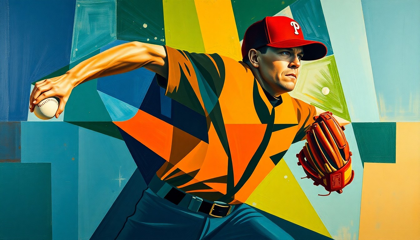 A cubist, geometric painting depicting the motion of a baseball pitcher in overlapping planes of navy, green, and orange, conveying the dynamic energy and tension of a close game.