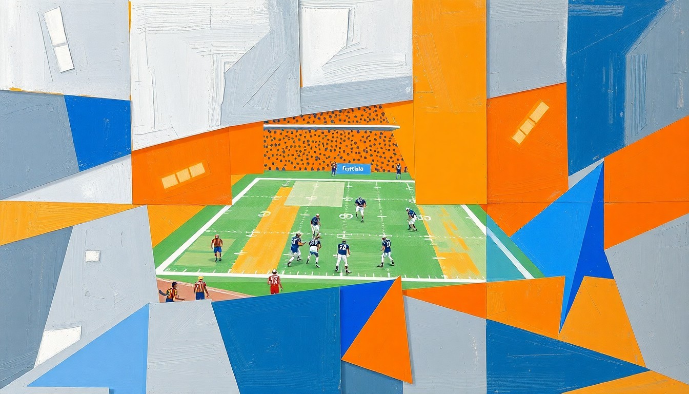 A cubist, geometric painting depicting a fragmented football game, with sharp planes of pewter grey, creamsicle orange, and royal blue overlapping to create a dynamic, unconventional visual representation of the sport.