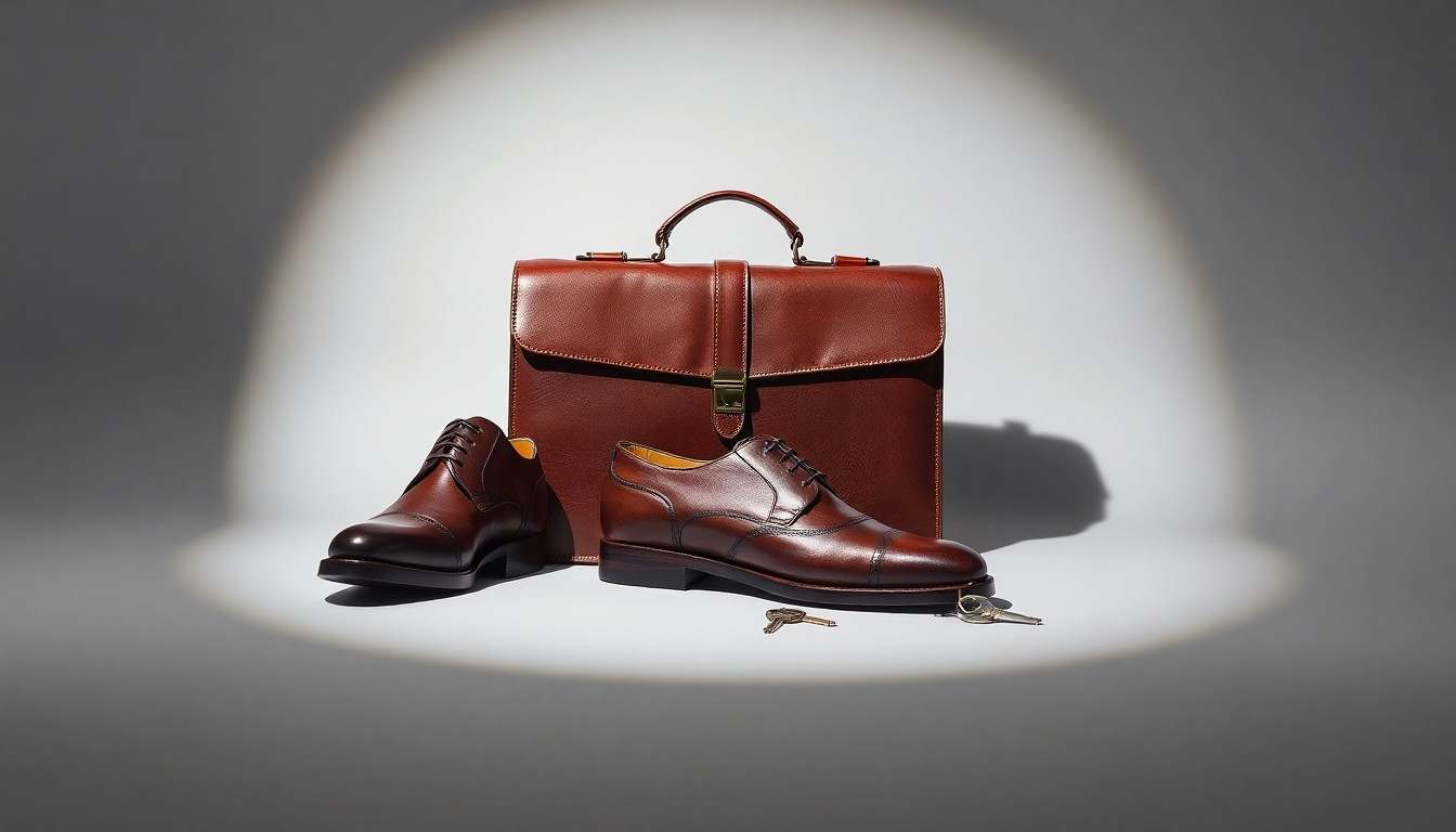A high-end, photorealistic studio still-life photograph featuring a pair of premium leather dress shoes, a leather briefcase, and a set of keys arranged elegantly on a clean, monochromatic seamless background, conceptually representing the abstract ideas of family business leadership and succession planning.