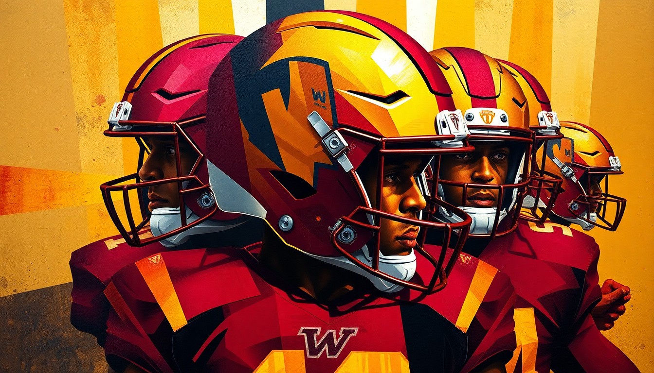 A cubist, geometric painting depicting the new Washington Commanders uniforms, with the iconic 'W' logo deconstructed into abstract shapes in shades of burgundy, gold, and black.