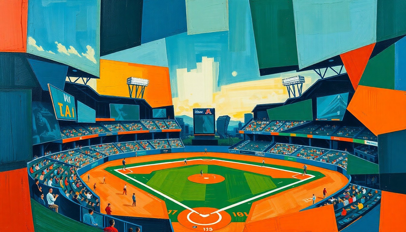 A fragmented, geometric painting in shades of blue, green, and orange, depicting a baseball game or match broken down into sharp, overlapping planes, conveying the chaotic energy of the Mets' difficult start to the season.