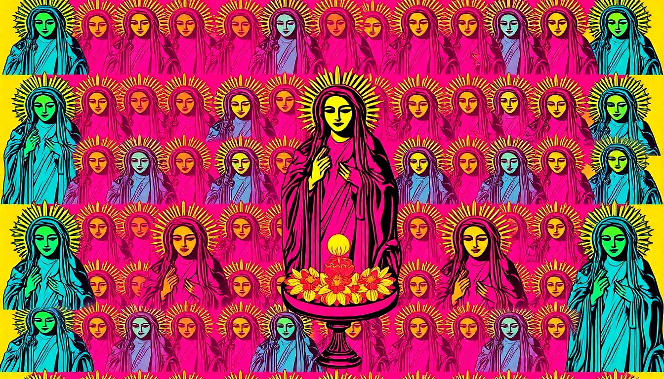 A brightly colored, high-contrast silkscreen print featuring a repeated image of the Blessed Sacrament, conceptually representing the artistic celebration of a local photography contest winner.