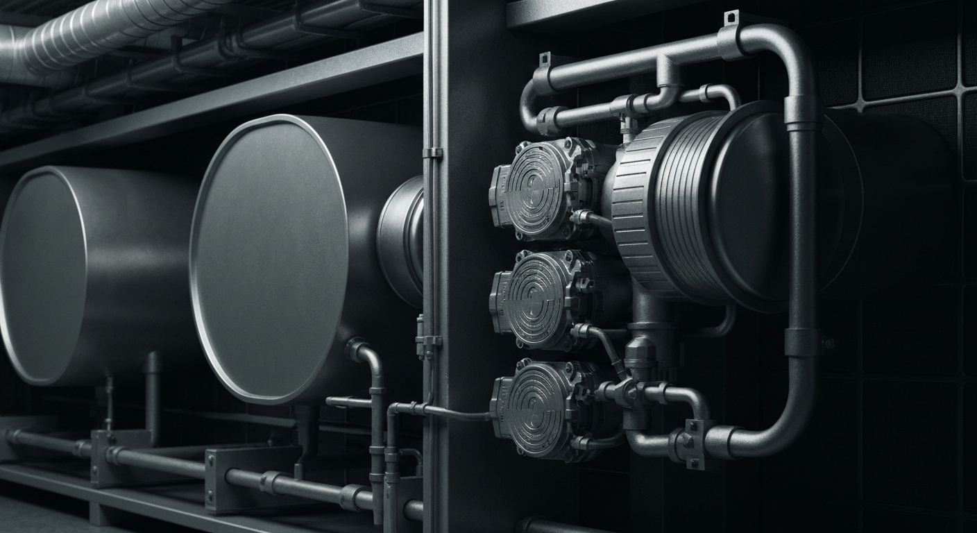 An extreme close-up of heavy, industrial HVAC components and machinery, conveying the tangible financial security and institutional strength of Lennox International without using literal currency or charts.
