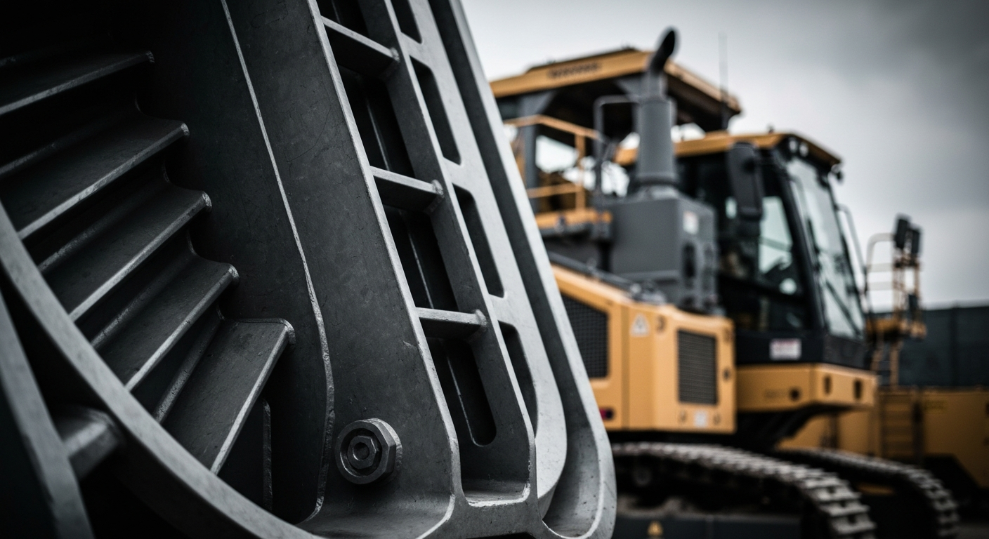 An extreme close-up photograph of the complex, heavy machinery and equipment used in nuclear power generation, dramatically lit against a dark background to represent the industrial scale and technical complexity of the company's operations.