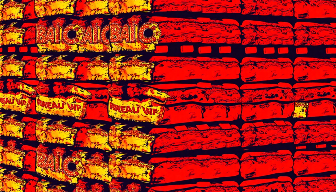 A colorful, abstract silkscreen print featuring a repeating pattern of barbecue ribs in a grid, capturing the celebratory and iconic nature of the Smokin' Coop BBQ Pit's reopening.